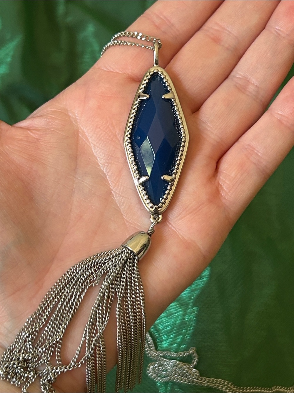 Silver-Tone Navy Faceted Stone Tassel Necklace - Women Jewelry